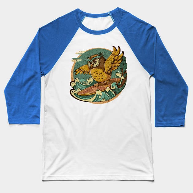 Owl Surfing Art Baseball T-Shirt by MintaApparel